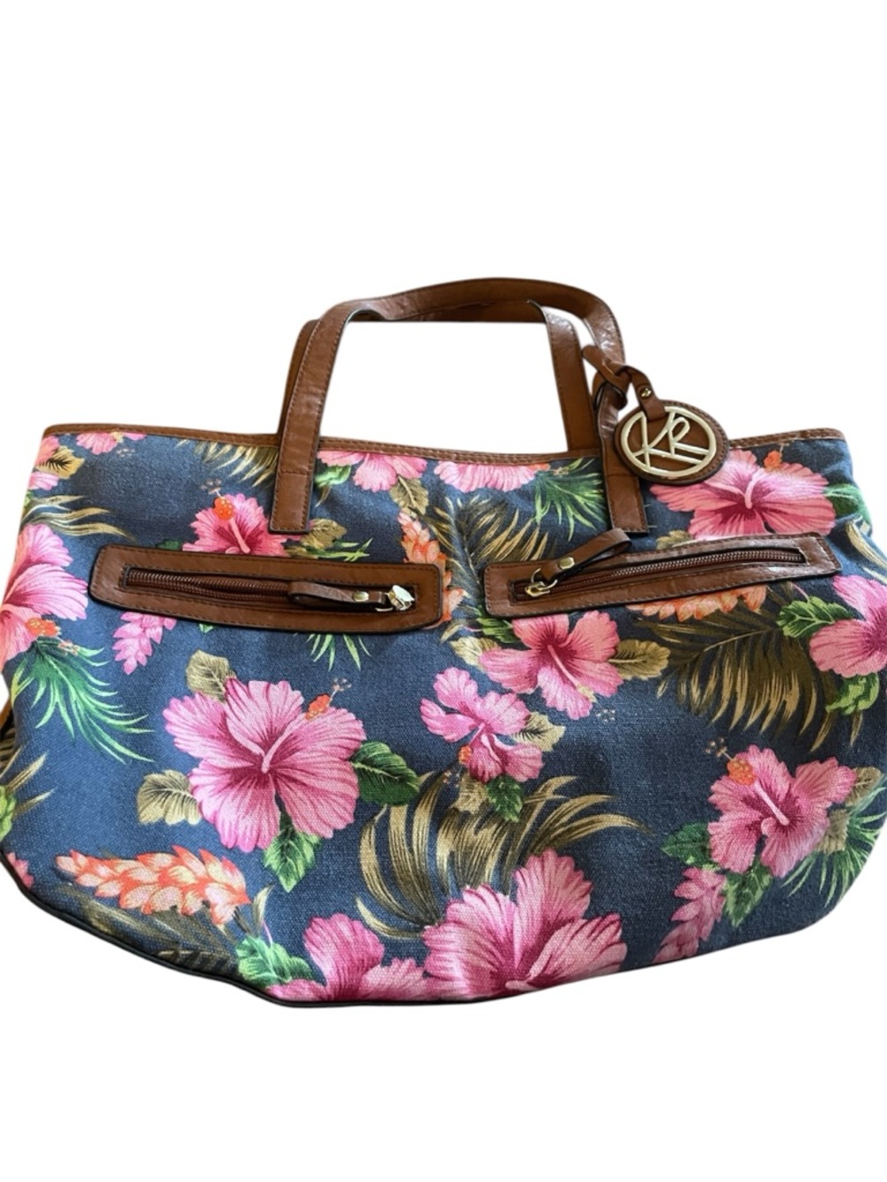 Kim Rogers Navy Floral Tote with Brown Trim & brown straps. See below. Like new!